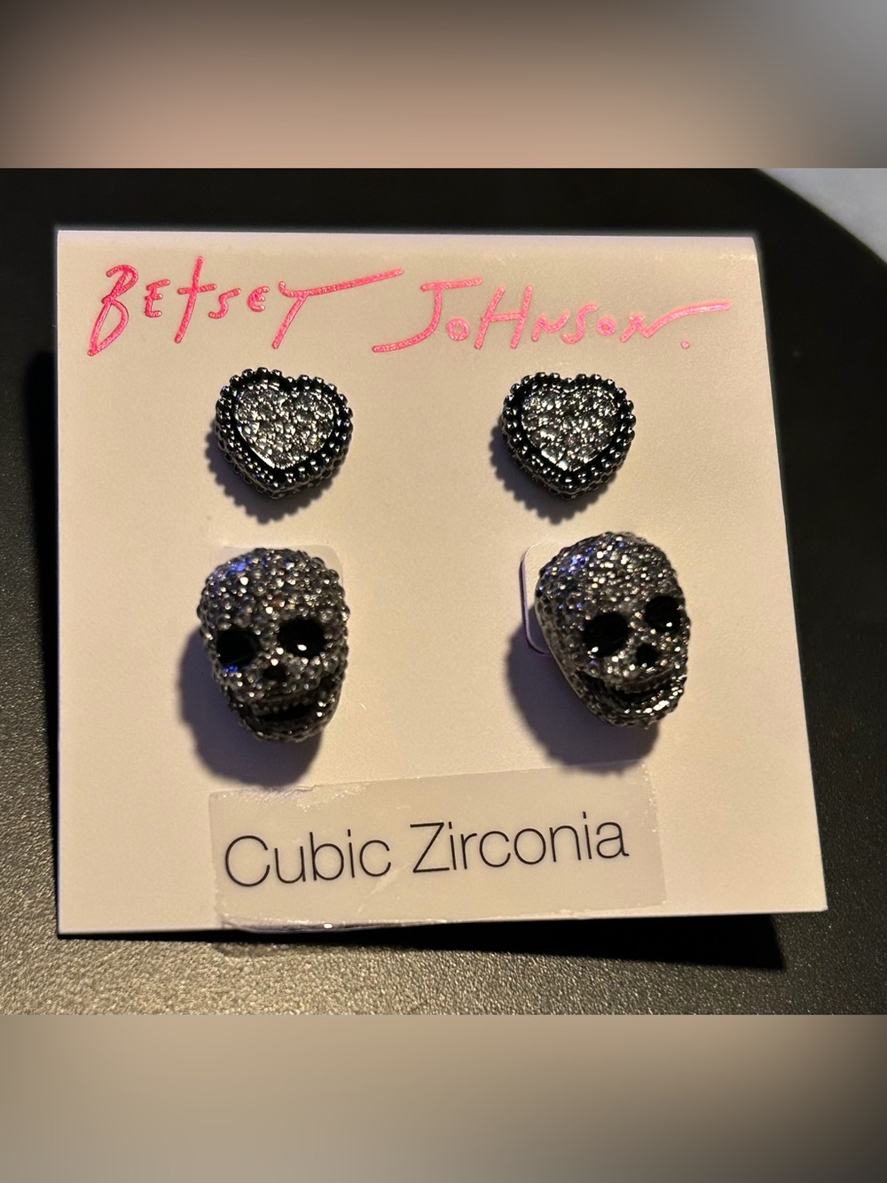 BETSEY JOHNSON 2-PAIR SET OF SPOOKY & SKULL EARRINGS/CUBIC ZIRCONIA/NWT